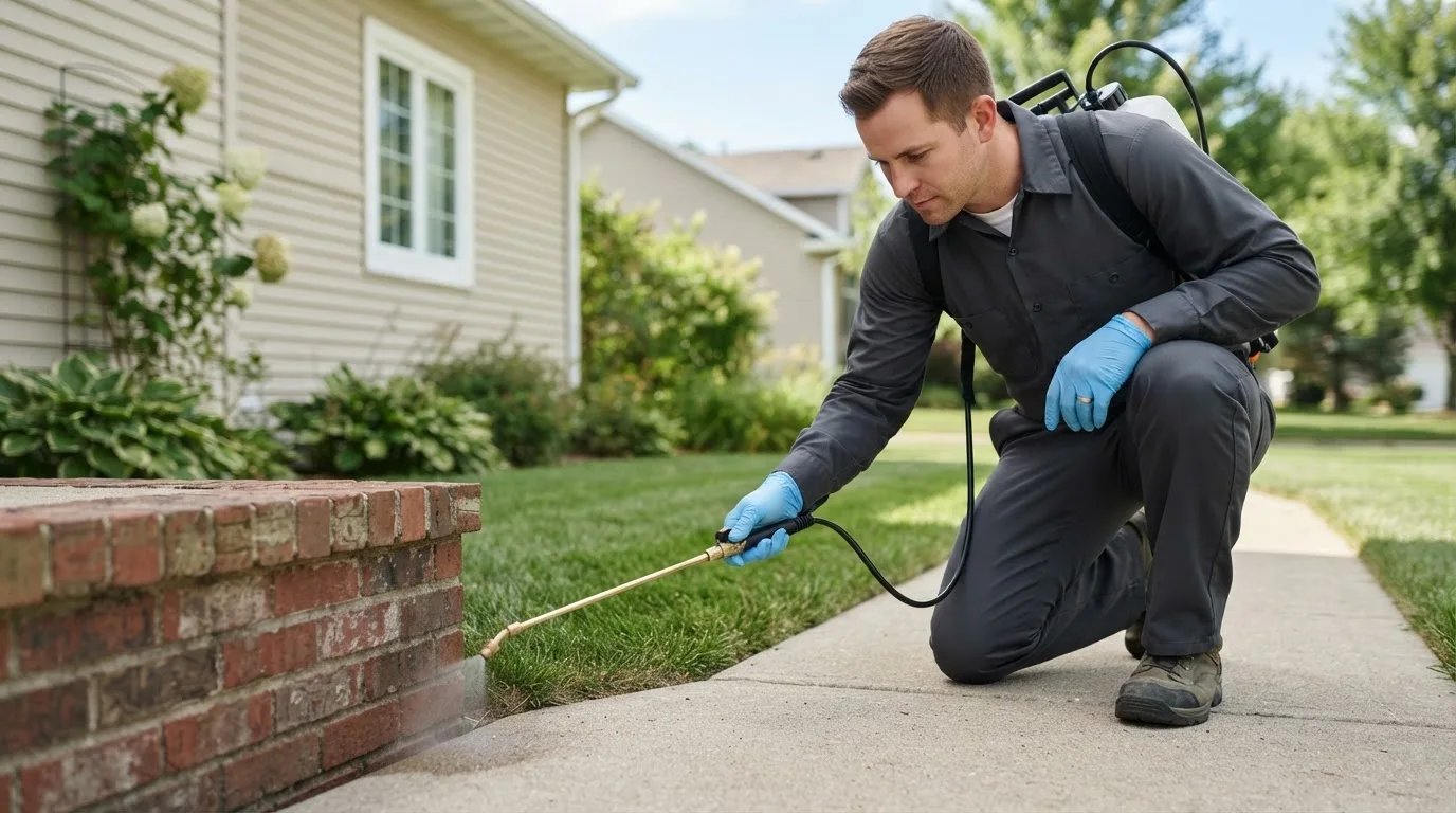 Pest control technician treating a home near Walker, IA