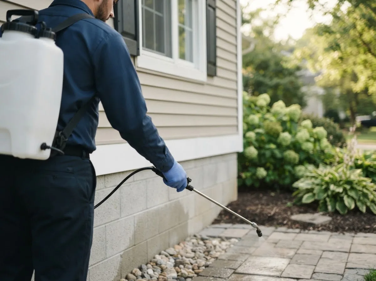 Pest control technician inspecting a home in Walker, IA
